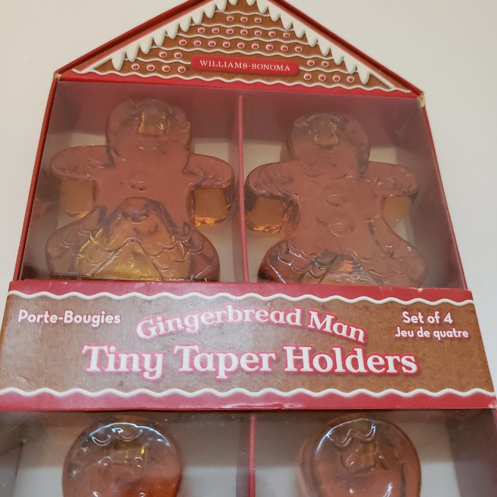 Williams Sonoma Glass Gingerbread Man Tiny Taper Candle Holders Set of 4 NIB